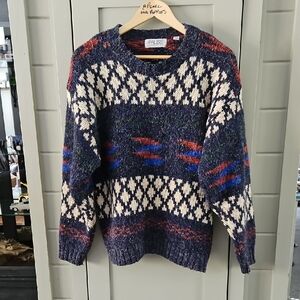 Vintage Navy, Cream, Red & Blue Patterned Crewneck Sweater